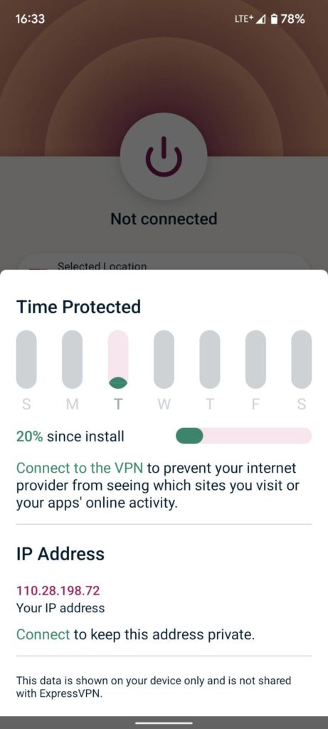 ExpressVPN app未連線VPN IP顯示