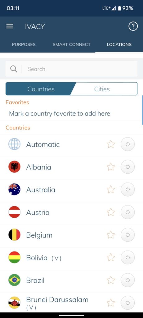 Ivacy App選擇連線國家
