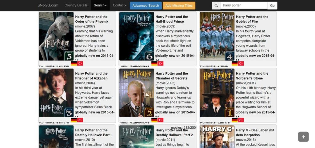 Netflix uNoGS搜尋哈利波特顯示片單國家