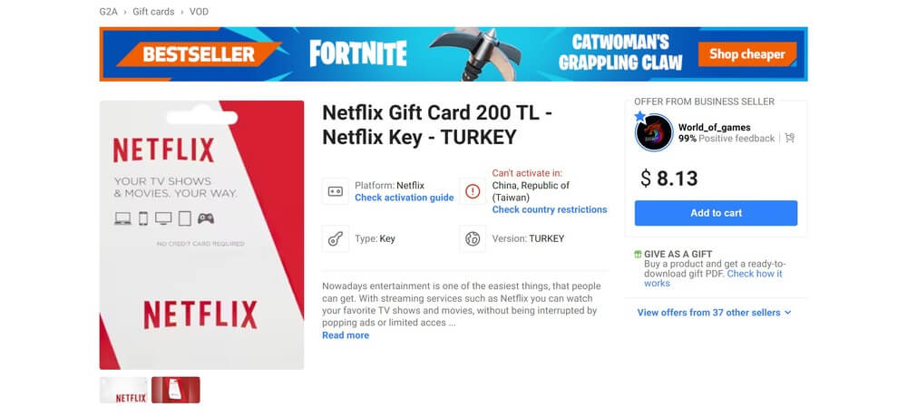 土耳其200里拉的Netflix禮物卡