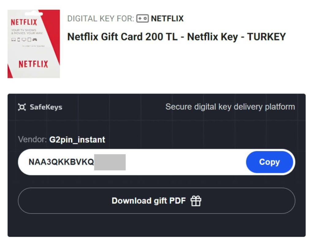 序號就是Netflix土耳其200 TL禮物卡兌換代碼