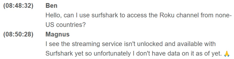 Surfshark VPN客服告知我目前暫時無法解鎖Roku