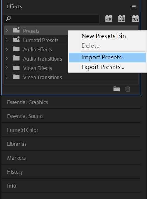 先到【Effects】清單中找到【Presets】的資料夾點滑鼠右鍵，然後選【Import Presets...】
