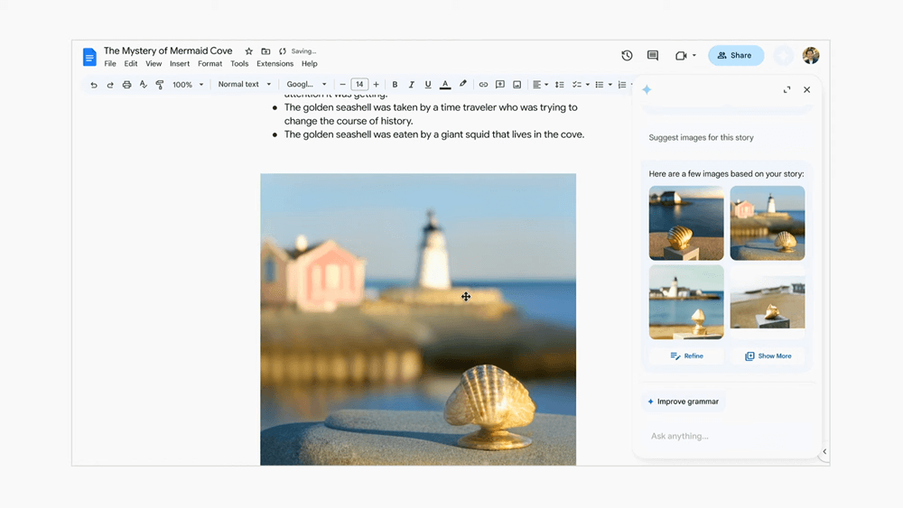 Duet AI for Google Workspace可依據你的文件和需求提供各種協助，例如自動判斷你的文章內需要哪些圖片，直接生成給你使用。