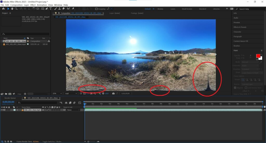 利用滑鼠滾輪在預覽畫面上縮放遠近，這樣就能明顯看見腳架底座和影子出現在影片中的位置了(紅色圈起來的部分)