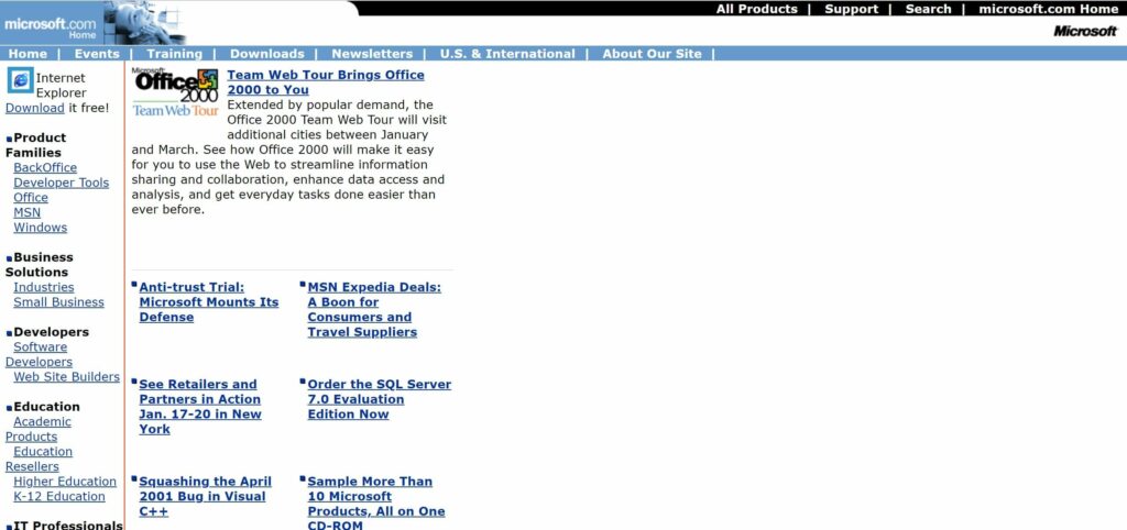 Wayback Machine顯示微軟網站1999年1月17日的畫面