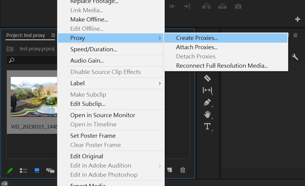 先不要到Project Settins裡面設定Proxy代理，而是先將影片拖曳匯入素材區，再針對你想要轉檔的影片素材按右鍵選擇【Proxy】→【Create Proxies...】