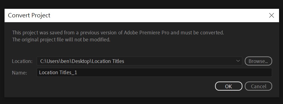開啟Premiere Pro軟體後，畫面上會要你確認專案儲存的路徑和名稱，看你要存在哪個地方都可以，填好之後就按下【OK】。