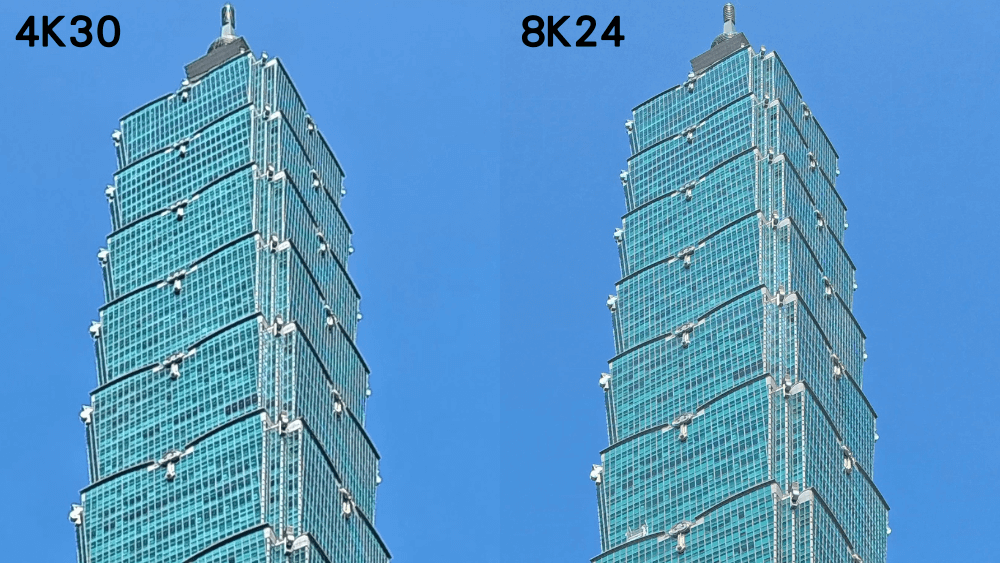 4K30的畫面顯得模糊了，尤其是窗戶框線相當不明顯，但8K24影片在放大之後，還是能看到清楚的窗戶框線相當細緻