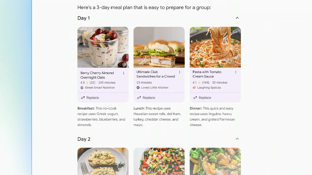 如何用簡單的方式準備給一個團體三天份量的餐點，Google會提供各種不同的簡易餐點準備建議，還會依據天數幫你安排