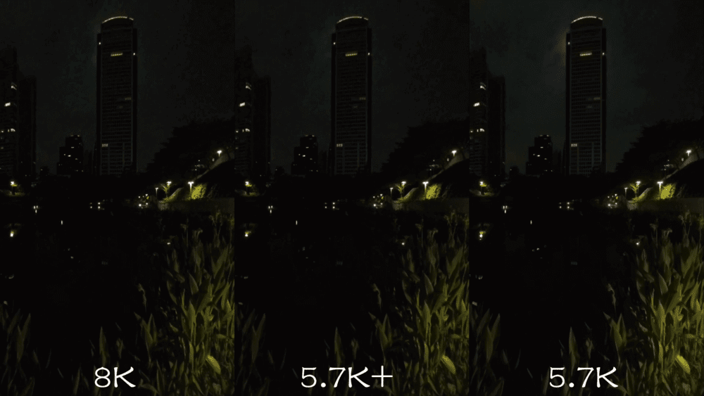 從畫面中仍然可以明顯看出5.7K比8K和5.7K+還要亮，噪點也比較沒有那麼明顯